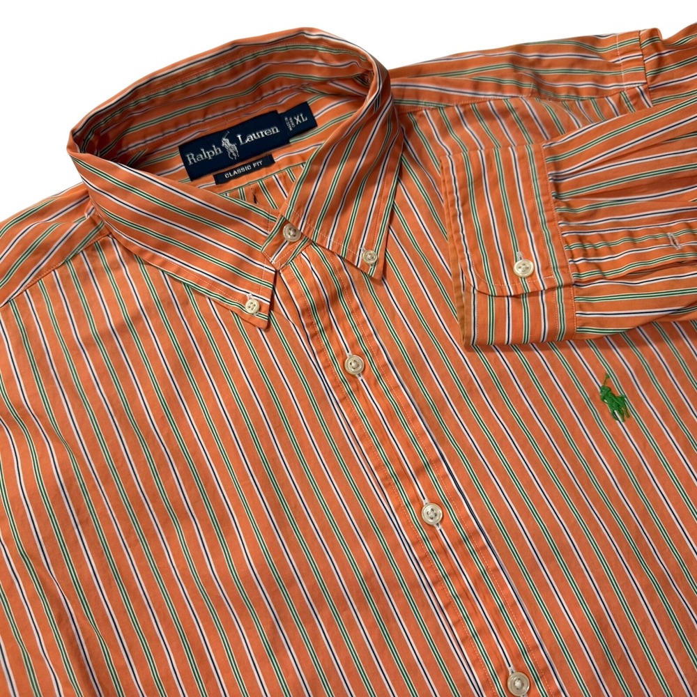 RALPH LAUREN Men's XL Orange Green Striped Classic Fit Button Down Dress Shirt